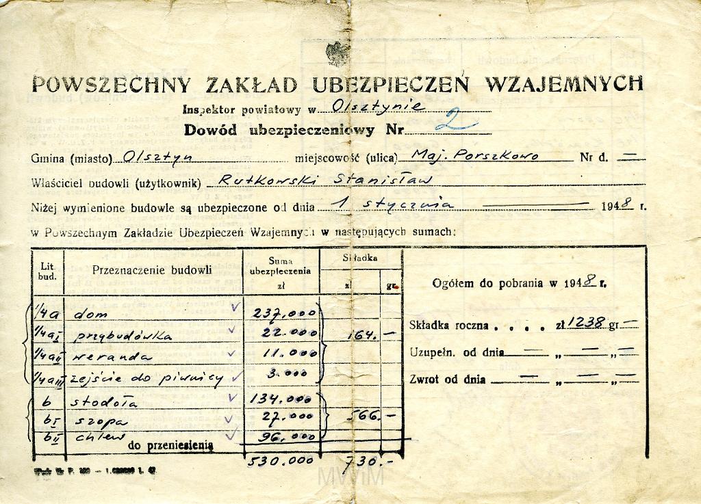 KKE 3548.jpg - Dokument . Stanisław Rutkowski dowód ubezpieczeniowy, Olsztyn, 1948 r.